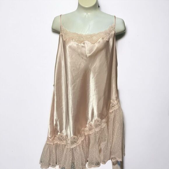 Vtg Keyloun Satin semi-sheer Mesh Lace Trim Chemise Slip Dress Peach Pink Size L - Picture 4 of 12